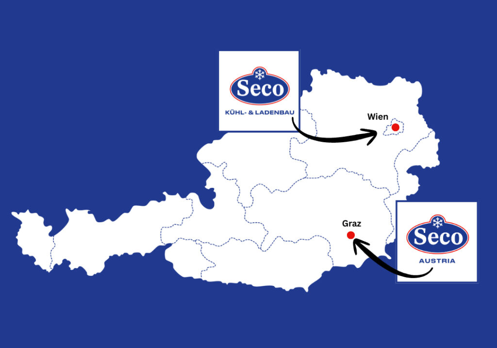 Karte von Österreich mit beiden Standorten von Seco in Graz und Wien
